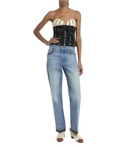 Valentino Garavani Floral-Print Trim Straight-Leg Denim Jeans | Thumbnail 1 Valentino Garavani Floral-Print Trim Straight-Leg Denim Jeans | Thumbnail 1