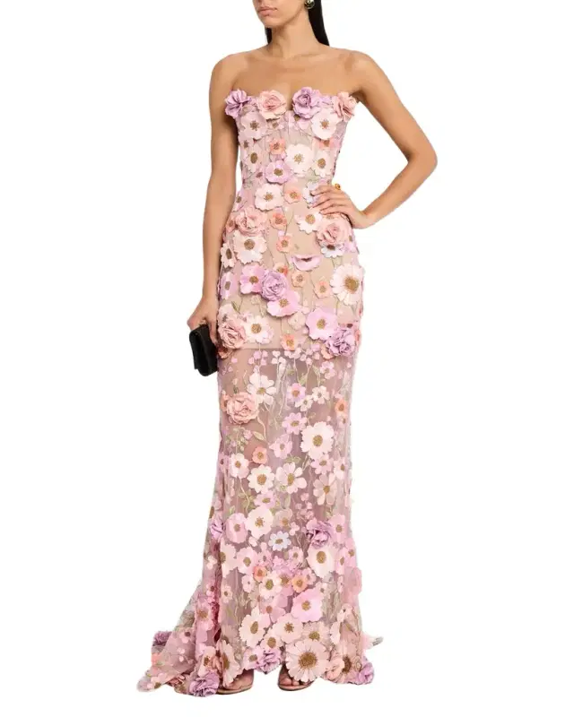 Bronx and Banco Jasmine Strapless Floral-Embroidered Gown