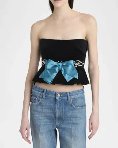 Valentino Garavani Strapless Embroidered Velvet Peplum Top | Thumbnail 3