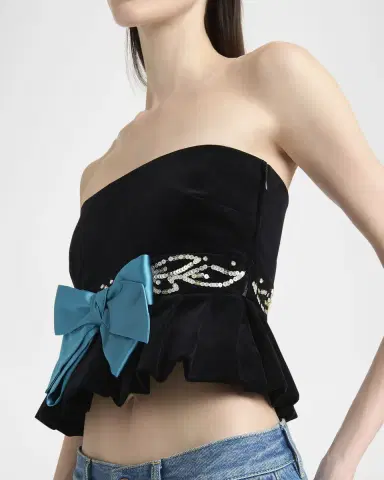 Valentino Garavani Strapless Embroidered Velvet Peplum Top | Thumbnail 4