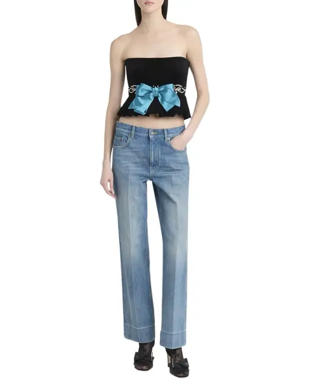 Strapless Embroidered Velvet Peplum Top