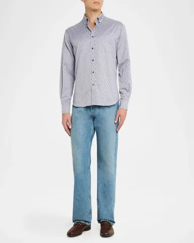 Ferragamo Men's Micro-Gancini Cotton Sport Shirt with Pocket | Thumbnail 2