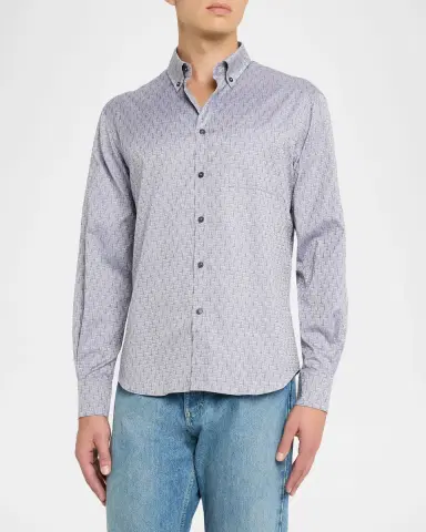 Ferragamo Men's Micro-Gancini Cotton Sport Shirt with Pocket | Thumbnail 4