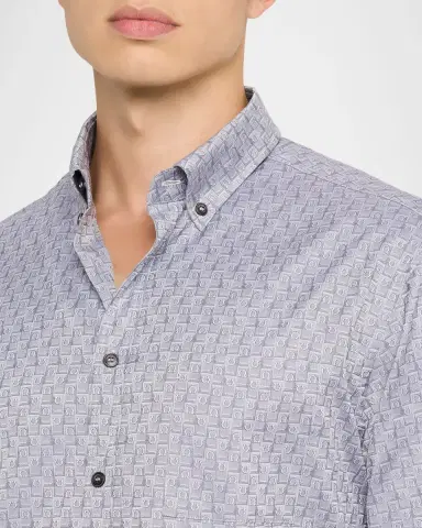 Ferragamo Men's Micro-Gancini Cotton Sport Shirt with Pocket | Thumbnail 5