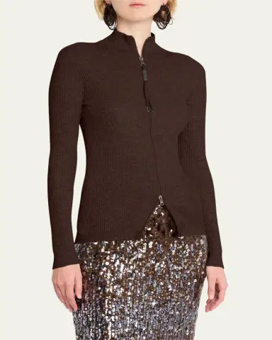 Brunello Cucinelli Ribbed Long-Sleeve Monili Zip-Up Top | Thumbnail 4 Brunello Cucinelli Ribbed Long-Sleeve Monili Zip-Up Top | Thumbnail 4