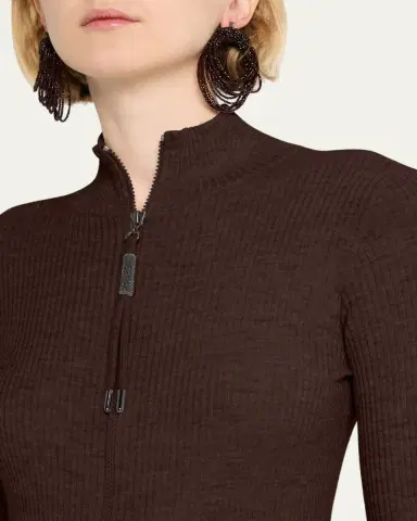 Brunello Cucinelli Ribbed Long-Sleeve Monili Zip-Up Top | Thumbnail 5 Brunello Cucinelli Ribbed Long-Sleeve Monili Zip-Up Top | Thumbnail 5