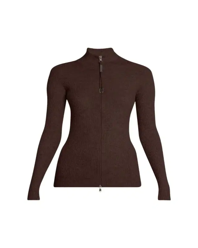 Ribbed Long-Sleeve Monili Zip-Up Top