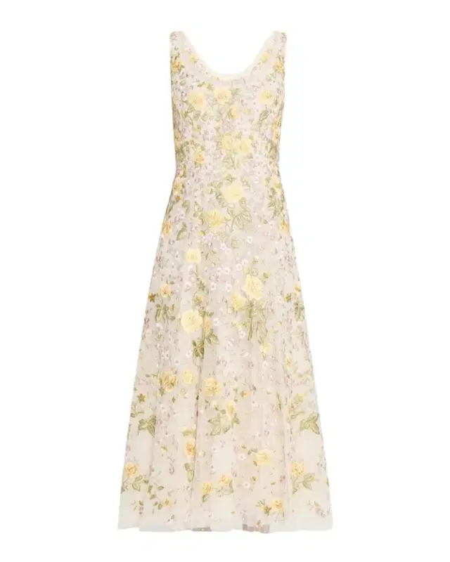 NEEDLE & THREAD Embroidered Florine Scoop-Neck Ballerina Dress