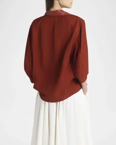 Bottega Veneta Leather-Neck Grainy Viscose-Linen Cocoon Shirt | Thumbnail 2