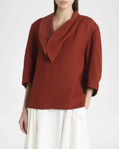 Bottega Veneta Leather-Neck Grainy Viscose-Linen Cocoon Shirt | Thumbnail 3