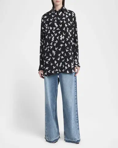 Stella McCartney Flying Bird Silk Oversized Button-Down Shirt | Thumbnail 2