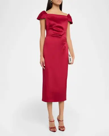 Aidan Mattox Pleated Off-Shoulder Mikado Midi Dress | Thumbnail 3 Aidan Mattox Pleated Off-Shoulder Mikado Midi Dress | Thumbnail 3