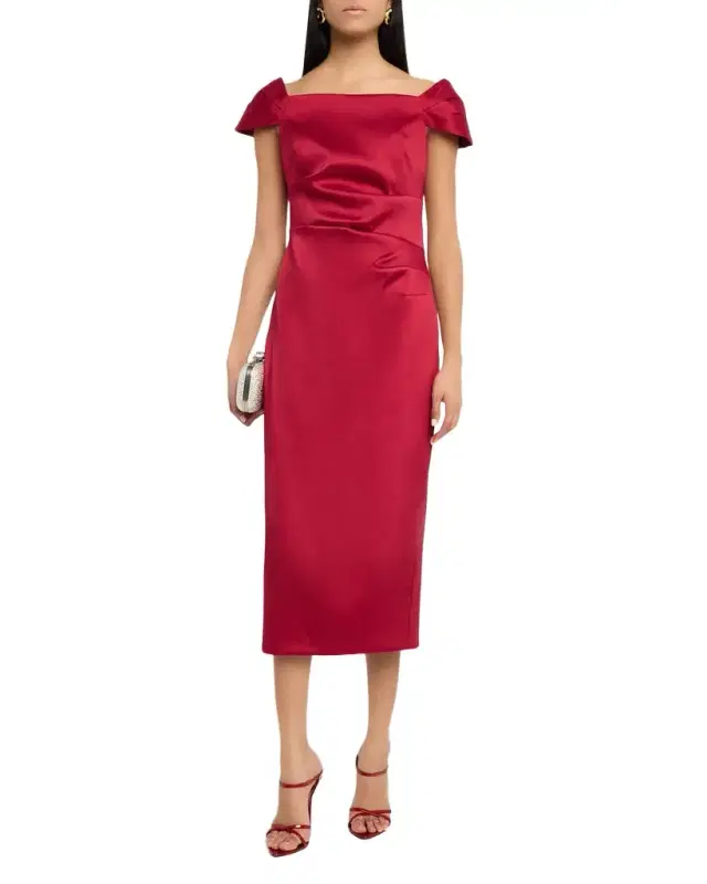 Aidan Mattox Pleated Off-Shoulder Mikado Midi Dress