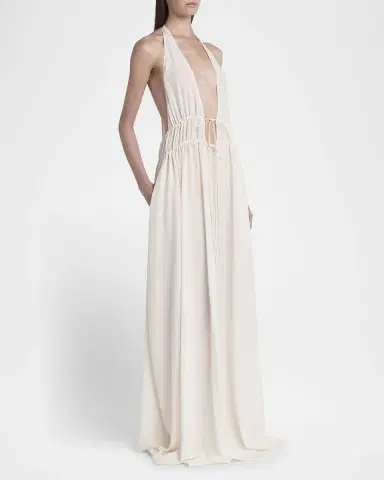 Stella McCartney Plunging Tie Halter Crepe De Chine Maxi Dress | Thumbnail 4