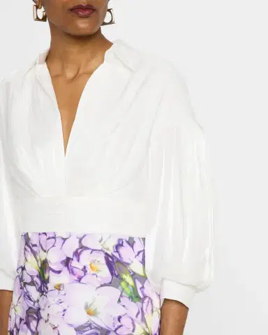 Badgley Mischka Collection Ruched Floral-Print Mixed Media Dress | Thumbnail 4 Badgley Mischka Collection Ruched Floral-Print Mixed Media Dress | Thumbnail 4