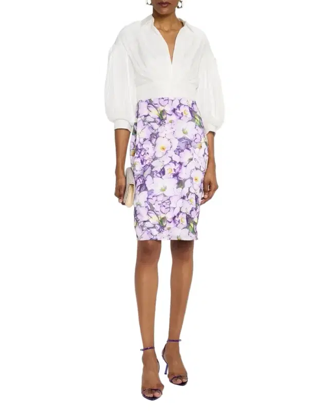 Ruched Floral-Print Mixed Media Dress