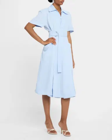 Bottega Veneta Short-Sleeve Belted Fine Twill Midi Shirtdress | Thumbnail 2 Bottega Veneta Short-Sleeve Belted Fine Twill Midi Shirtdress | Thumbnail 2