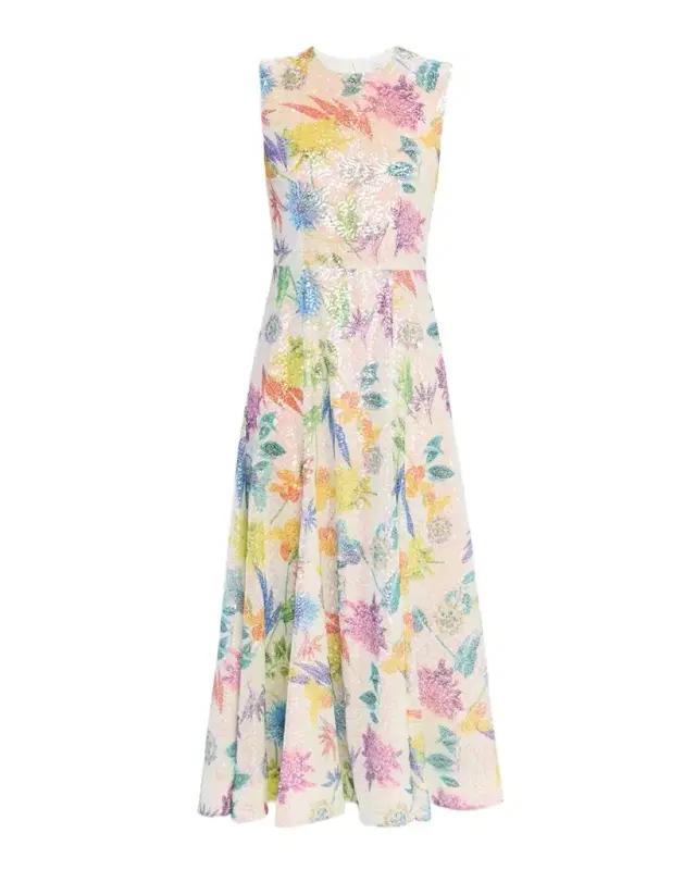 Olive Sleeveless Floral Sequin Midi Dress