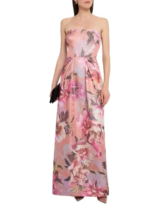 Strapless Floral-Print Shimmer Gown