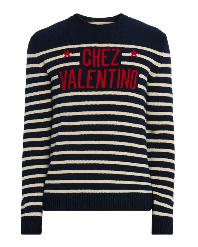 Men 's Chez Valentino Wool Stripe Logo-Jacquard Crewneck Sweater