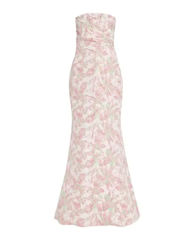 Badgley Mischka Collection Strapless Pleated Metallic Jacquard Gown
