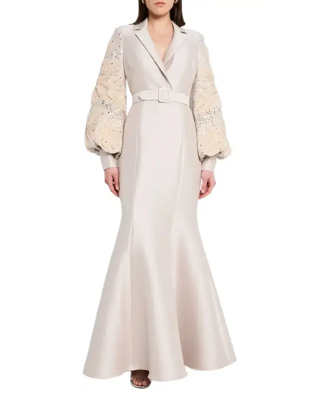 Badgley Mischka Collection Embellished-Sleeve Mermaid Shirt Gown