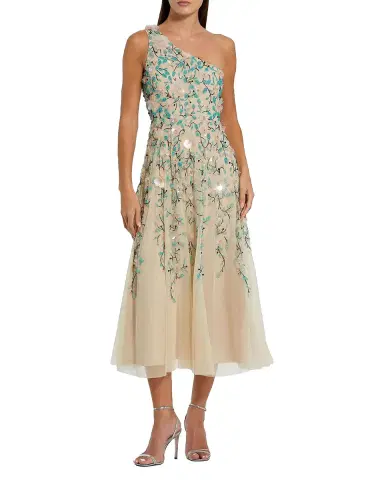 Mac Duggal Embellished Floral Mesh One-Shoulder Midi-Dress | Thumbnail 3