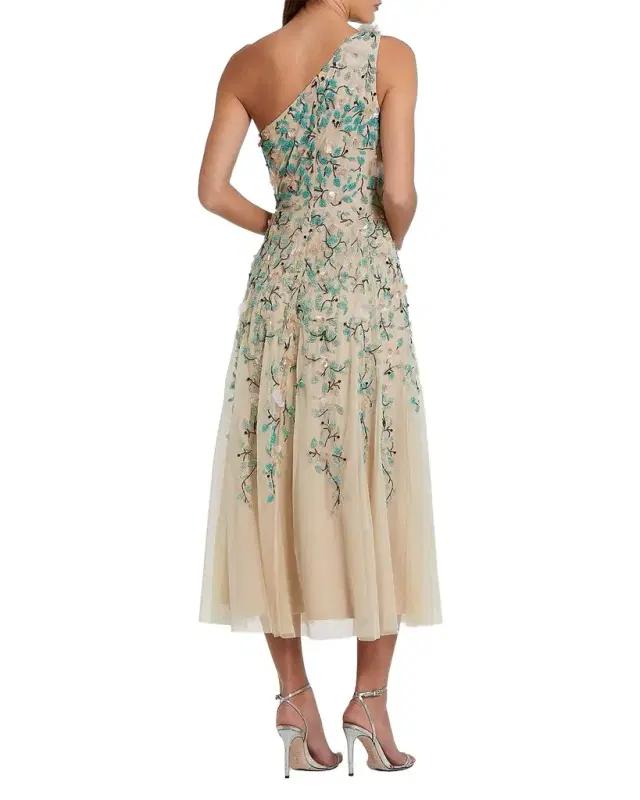 Mac Duggal Embellished Floral Mesh One-Shoulder Midi-Dress