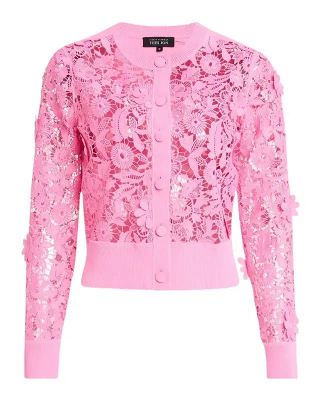 Rickie Freeman for Teri Jon Lace-Front Knit Cardigan