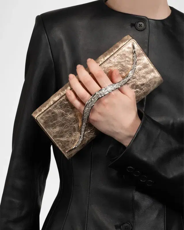 Crystal Curve Metallic Leather Clutch Bag