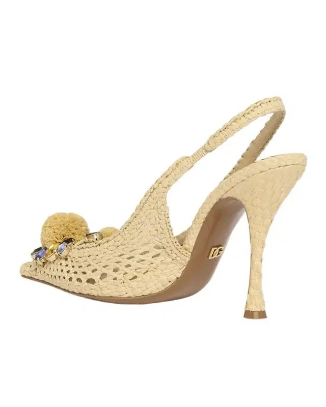 Raffia Crochet PomPom Slingback Pumps