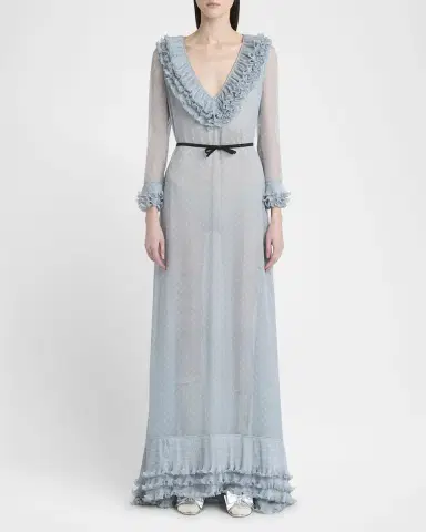 Valentino Garavani Polka Dot Layered Ruffle Sheer Gown with Ribbon | Thumbnail 2
