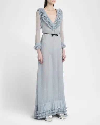 Valentino Garavani Polka Dot Layered Ruffle Sheer Gown with Ribbon | Thumbnail 4