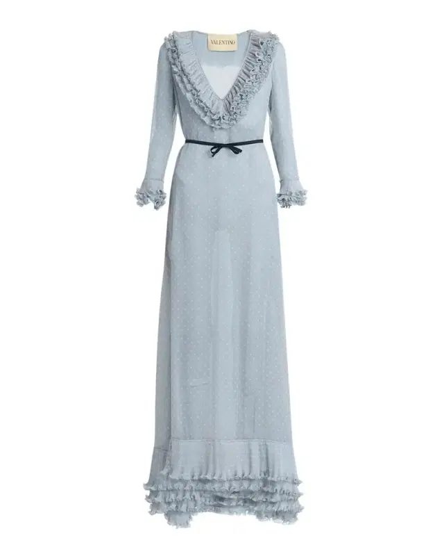 Polka Dot Layered Ruffle Sheer Gown with Ribbon