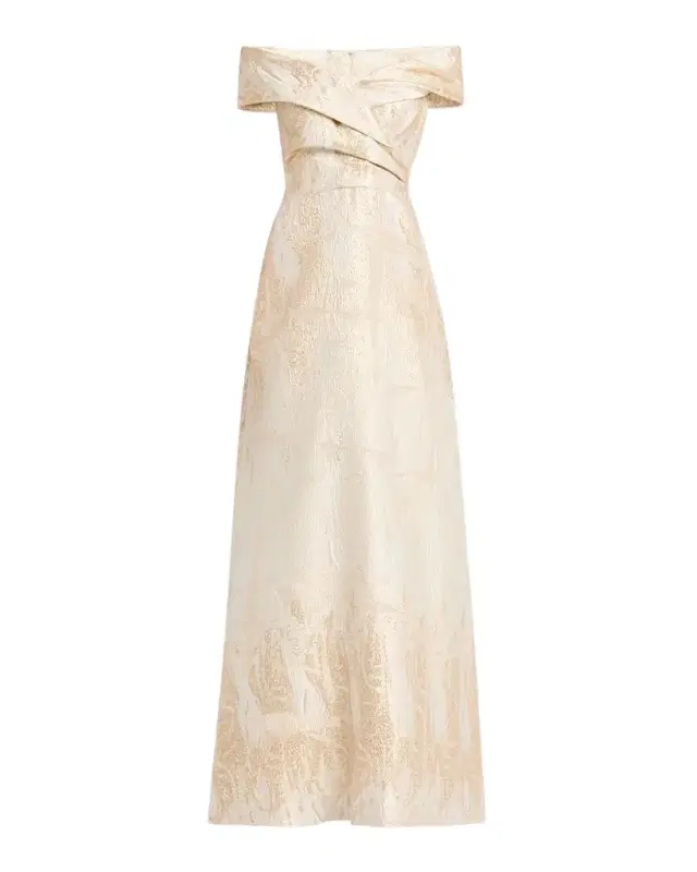 Rickie Freeman for Teri Jon Off-Shoulder Metallic Jacquard Gown