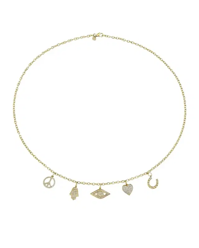 18K Yellow Gold Multi Icon Charm Necklace with Diamonds