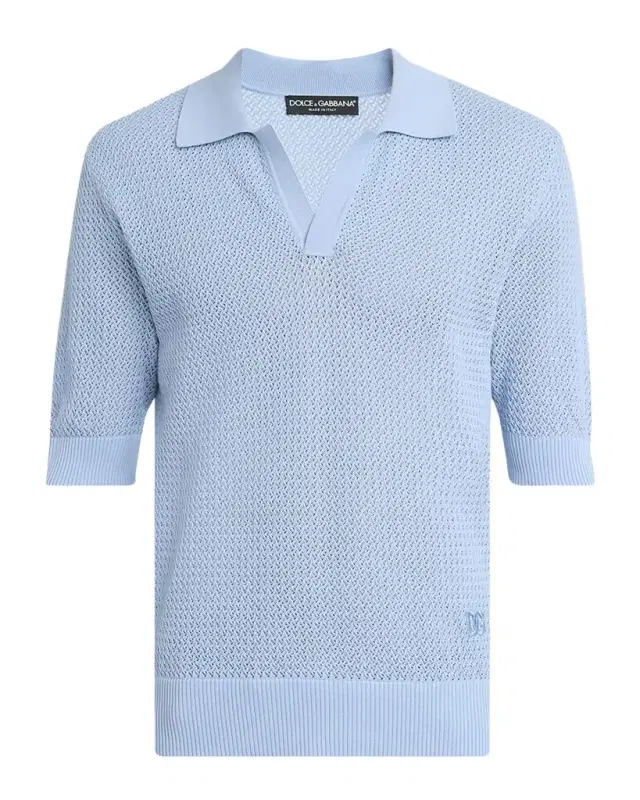 Men 's Cotton Mesh Knit Johnny Collar Polo Shirt