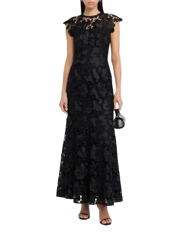 Shoshanna Raven Cap-Sleeve Floral Lace Gown