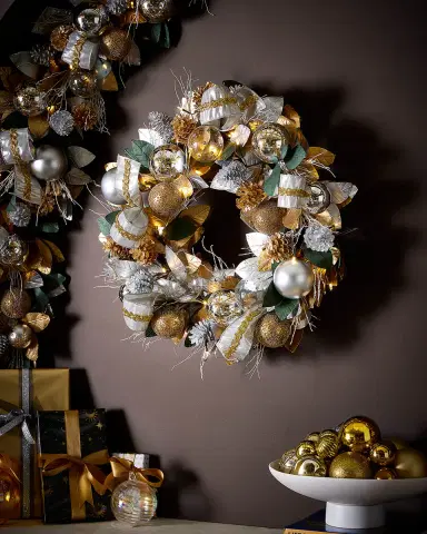 Neiman Marcus Pre-Lit Silver and Gold Christmas Wreath, 28" | Thumbnail 1 Neiman Marcus Pre-Lit Silver and Gold Christmas Wreath, 28" | Thumbnail 1