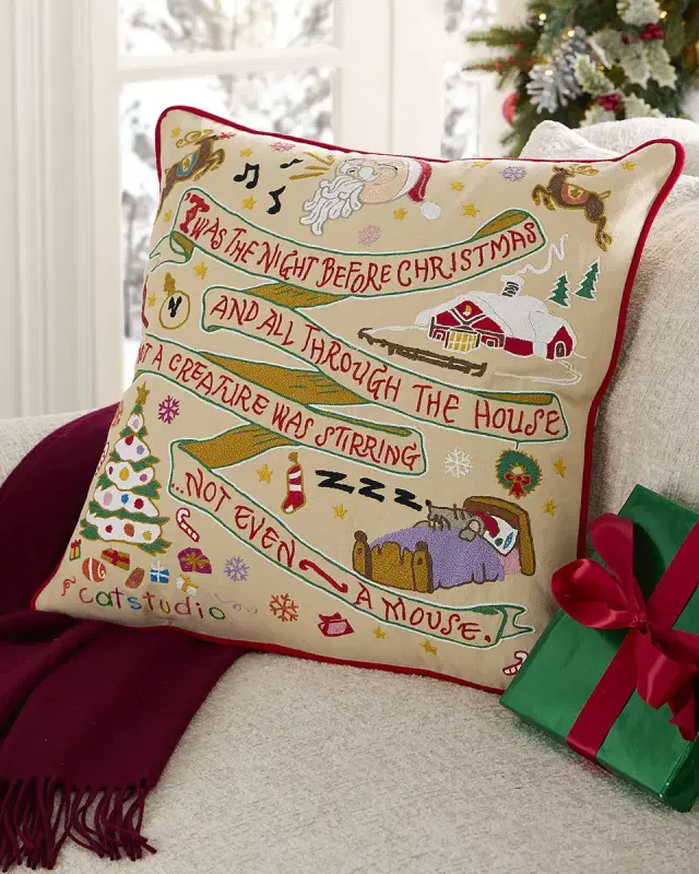 Catstudio Night Before Christmas Hand-Embroidered Pillow, 20" Square