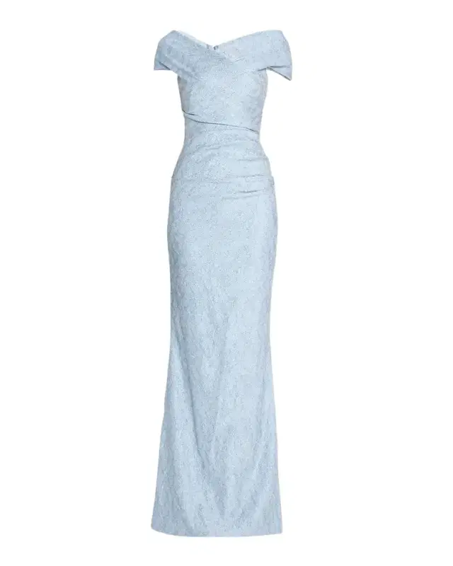 Rickie Freeman for Teri Jon Off-Shoulder Metallic Jacquard Column Gown
