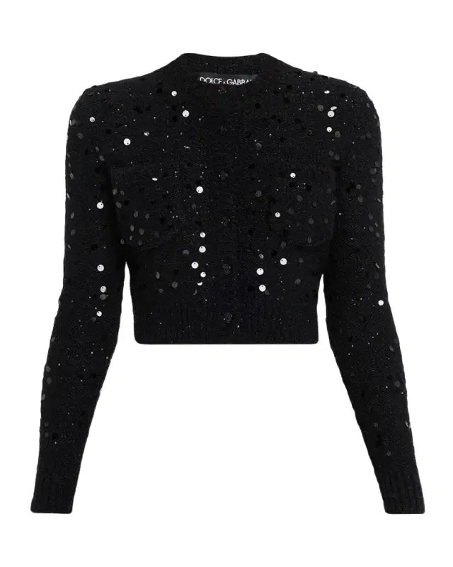 Sequined Wool Crop Crewneck Cardigan
