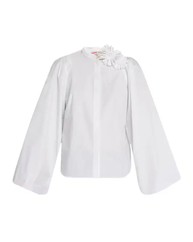Flower Pin Balloon-Sleeve Cotton Blouse