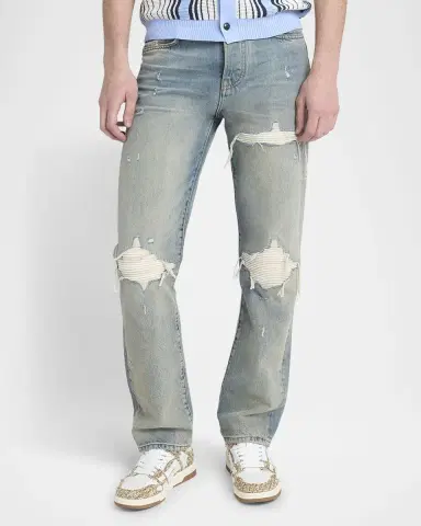 AMIRI Men's MX1 Distressed Jeans with Pleated Suede | Thumbnail 4