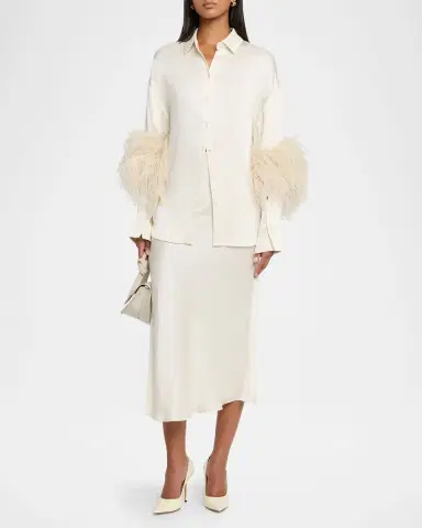 LAPOINTE Satin Button-Down Blouse With Feather Trim | Thumbnail 2