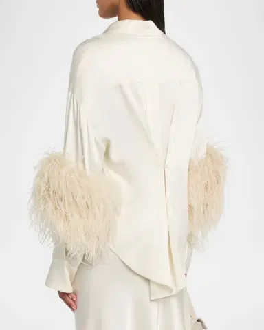 LAPOINTE Satin Button-Down Blouse With Feather Trim | Thumbnail 3