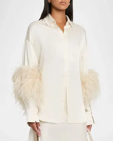 LAPOINTE Satin Button-Down Blouse With Feather Trim | Thumbnail 4