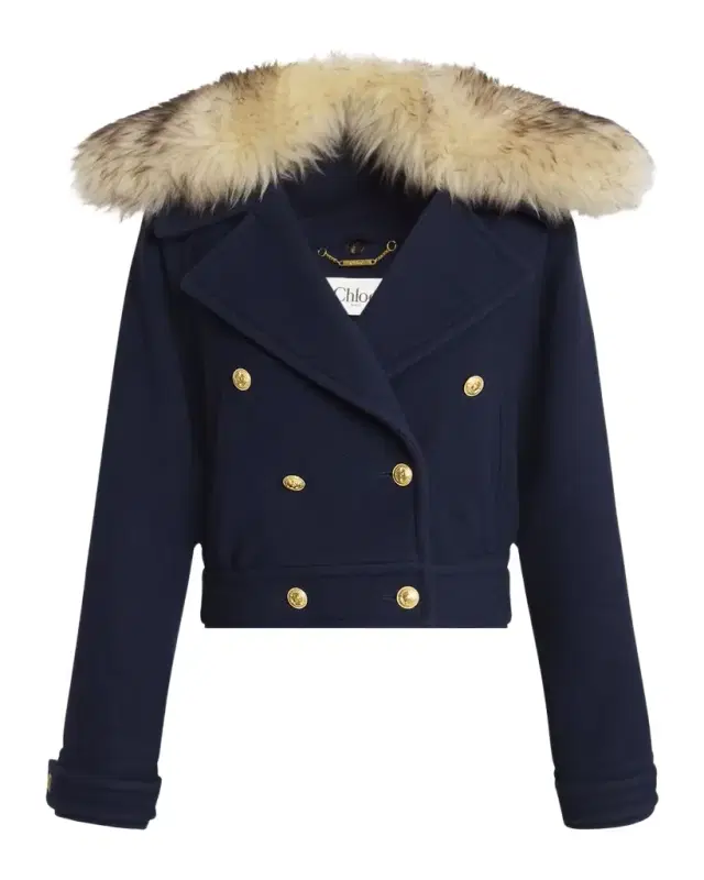 Faux-Fur Collar Double-Breasted Wool Bomber Jacket