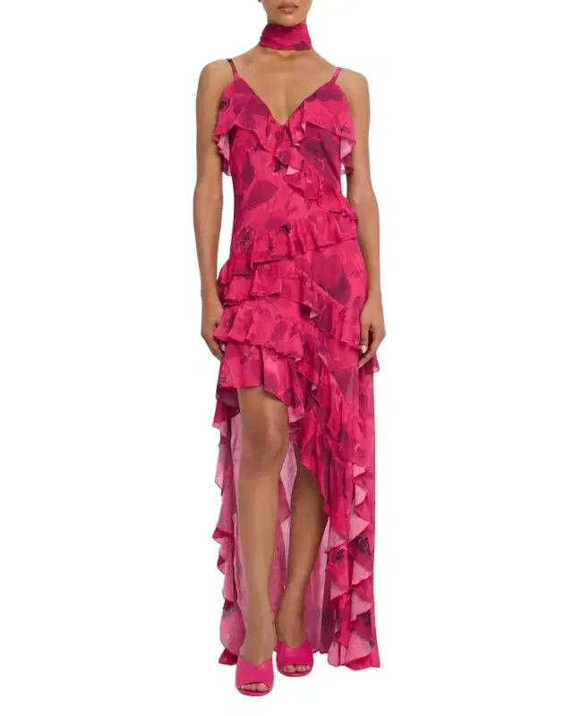 ALICE + OLIVIA Nelia High-Low Ruffle Wrap Maxi Dress with Detachable Scarf