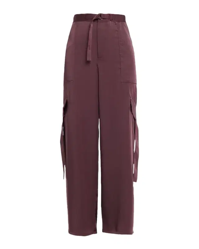 Lightweight Satin Belted Wide-Leg Utility Pants